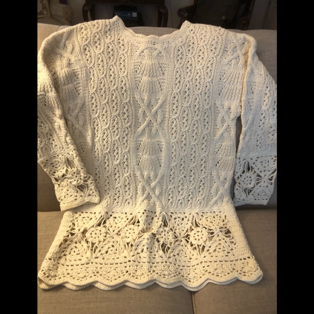 Vintage 1970 white hand knit open work sweater. Tunic length size M.